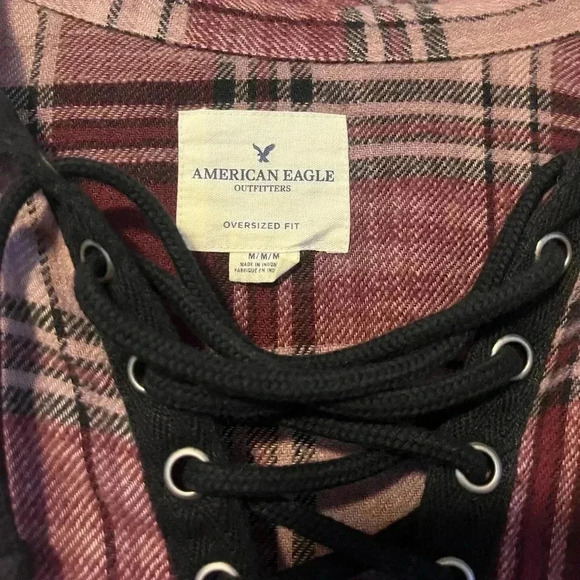 AMERICAN EAGLE plaid burgandy oversized lace up top distressed|M whimsigoth - Picture 3 of 8
